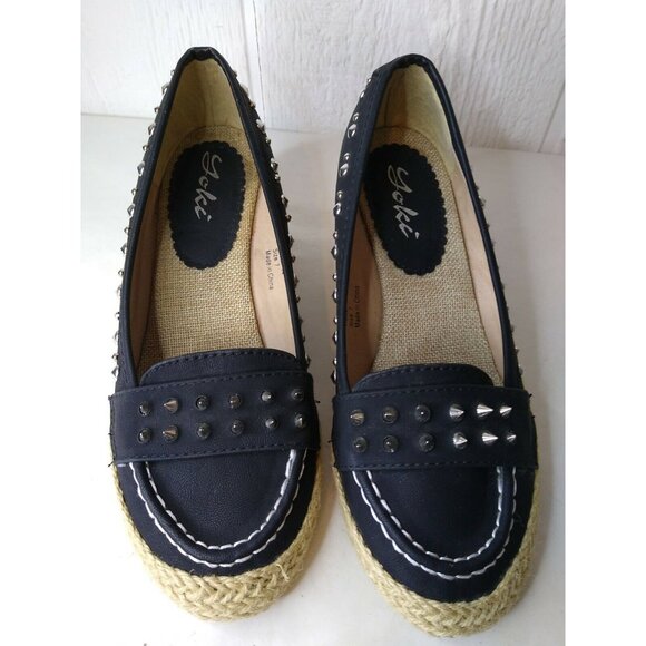 Yoki Holly Womens Black Vegan Wedge Heel Espadrille Metal Spikes Slip On Shoe 7 - Picture 2 of 8